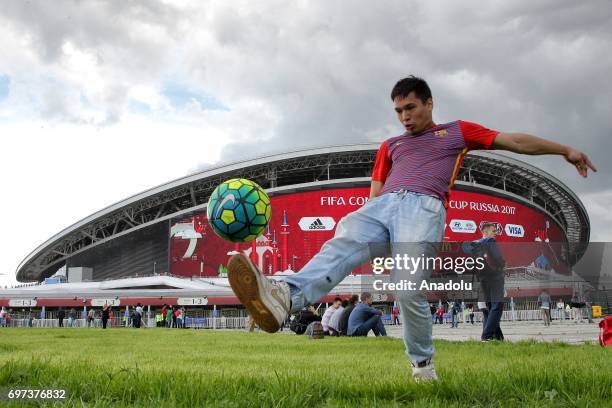 Supporter of Portugal pose for a photo during the FIFA Confederations Cup 2017 group A soccer match between Portugal and Mexico at "Kazan-Arena"...