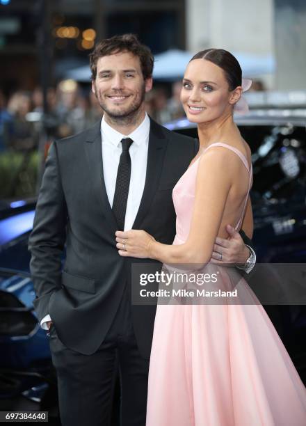 Sam Claflin and Laura Haddock attend the global premiere of "Transformers: The Last Knight" at Cineworld Leicester Square on June 18, 2017 in London,...