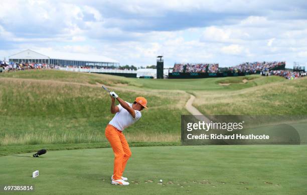 Rickie Fowler of the United States plays his shot from the sixth tee during the final round of the 2017 U.S. Open at Erin Hills on June 18, 2017 in...