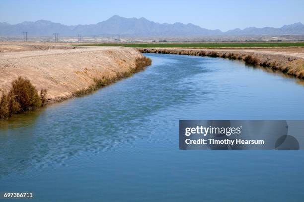 irrigation canal thru farmland; mountains beyond - blythe brown stock-fotos und bilder