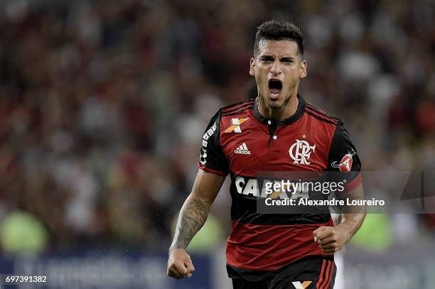 Miguel Trauco of Flamengo celebrates a scored goal during the match between Fluminense and Flamengo as part of Brasileirao Series A 2017 at Maracana...