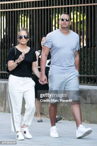 Jennifer Lopez and Alex Rodriguez are sighted near Notre-Dame-De-Paris cathedral on June 18, 2017 in Paris, France.