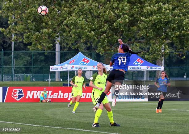 Kansas City forward Sydney Leroux header attempt goes wide in the first half of an NWSL match between the Seattle Reign FC and FC Kansas City on June...