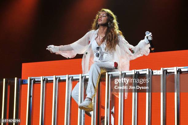 Performs live on stage during the closing night of the Meltdown festival at The Royal Festival Hall on June 18, 2017 in London, England. Mathangi...