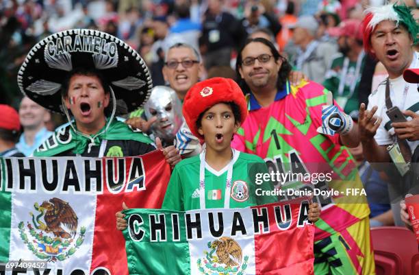 Mexican fans cheer on their team during the FIFA Confederations Cup Russia 2017 Group A match between Portugal and Mexico at Kazan Arena on June 18,...