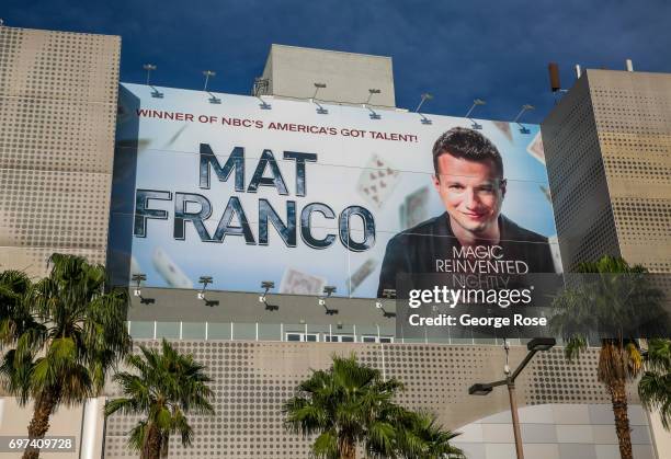 The Strip sign outside the Linq Hotel & Casino promoting magician Mat Franco is viewed on May 29, 2017 in Las Vegas, Nevada. Tourism in America's...