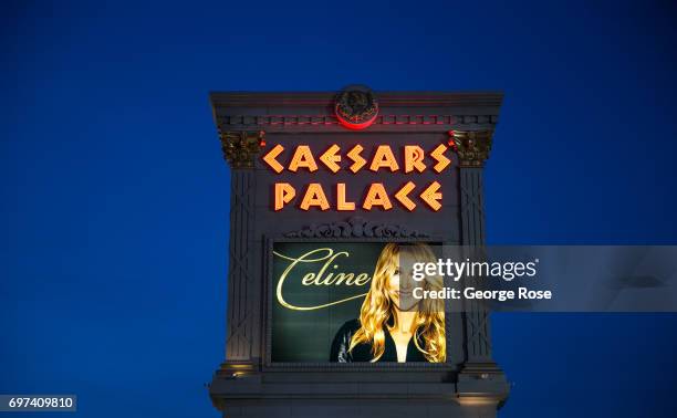 Large video billboard promoting Celine Dion's show at Caesars Palace is viewed on May 29, 2017 in Las Vegas, Nevada. Tourism in America's "Sin City"...