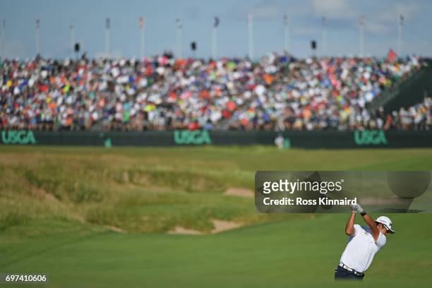 Hideki Matsuyama of Japan plays his shot on the 18th hole during the final round of the 2017 U.S. Open at Erin Hills on June 18, 2017 in Hartford,...