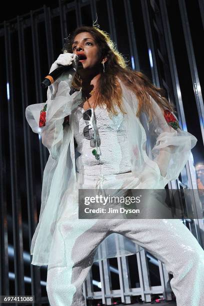 Performs live on stage during the closing night of the Meltdown festival at The Royal Festival Hall on June 18, 2017 in London, England. Mathangi...