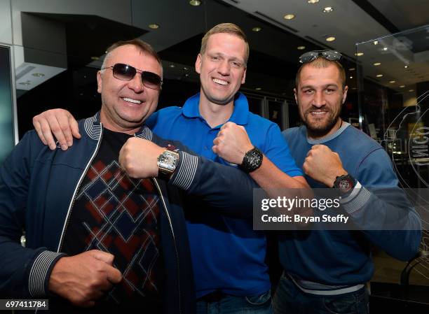 Boxing trainer Egis Klimas, Andrius Krukonis and boxer and Hublot ambassador Sergey Kovalev visit the Hublot Boutique at The Forum Shops at Caesars...