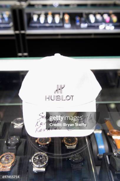 Signed Hublot baseball cap is seen during boxer and Hublot ambassador Sergey Kovalev's visit to the Hublot Boutique at The Forum Shops at Caesars on...