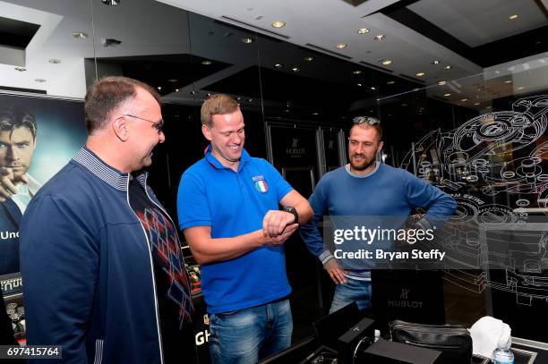 Boxing trainer Egis Klimas, Andrius Krukonis and boxer and Hublot ambassador Sergey Kovalev visit the Hublot Boutique at The Forum Shops at Caesars...