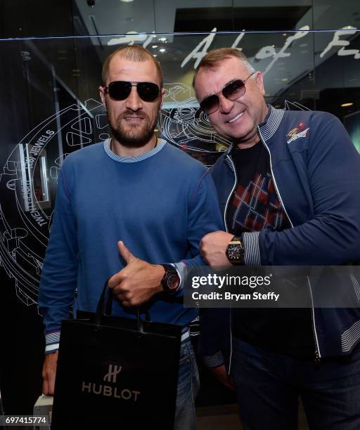 Boxer and Hublot ambassador Sergey Kovalev and boxing trainer Egis Klimas visit the Hublot Boutique at The Forum Shops at Caesars on June 18, 2017 in...