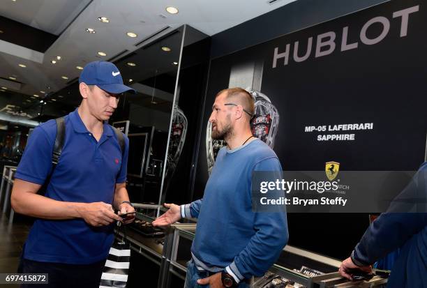 Boxer and Hublot ambassador Sergey Kovalev greets a fan during his visit to the Hublot Boutique at The Forum Shops at Caesars on June 18, 2017 in Las...