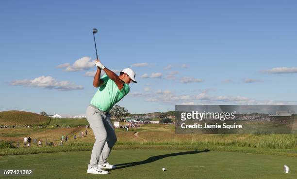 Brooks Koepka of the United States plays his shot from the 18th tee during the final round of the 2017 U.S. Open at Erin Hills on June 18, 2017 in...