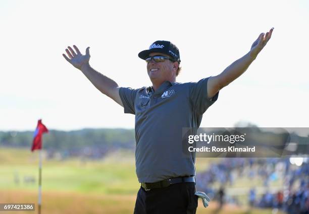 Charley Hoffman of the United States reacts after finishing on the 18th green during the final round of the 2017 U.S. Open at Erin Hills on June 18,...