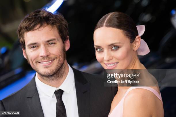 Sam Claflin and Laura Haddock attend the global premiere of "Transformers: The Last Knight" at Cineworld Leicester Square on June 18, 2017 in London,...