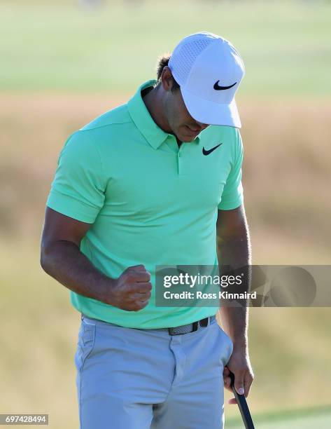 Brooks Koepka of the United States reacts after finishing on the 18th green during the final round of the 2017 U.S. Open at Erin Hills on June 18,...