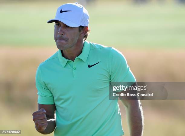 Brooks Koepka of the United States reacts after finishing on the 18th green during the final round of the 2017 U.S. Open at Erin Hills on June 18,...