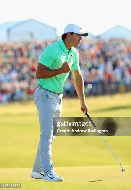 Brooks Koepka of the United States reacts after finishing on the 18th green during the final round of the 2017 U.S. Open at Erin Hills on June 18,...
