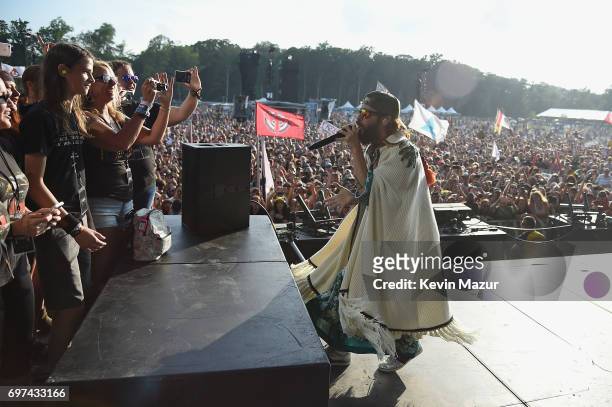 Jared Leto of Thirty Seconds to Mars performs onstage with fans during the 2017 Firefly Music Festival on June 18, 2017 in Dover, Delaware.