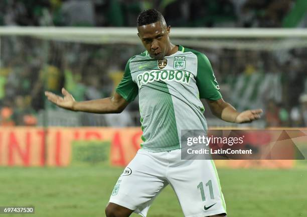 Andres Ibarguen of Atletico Nacional celebrates after scoring the third goal of his team during the Final second leg match between Atletico Nacional...