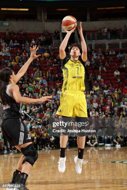 Ramu Tokashiki of the Seattle Storm shoots the ball against the San Antonio Stars on June 18, 2017 at KeyArena in Seattle, Washington. NOTE TO USER:...