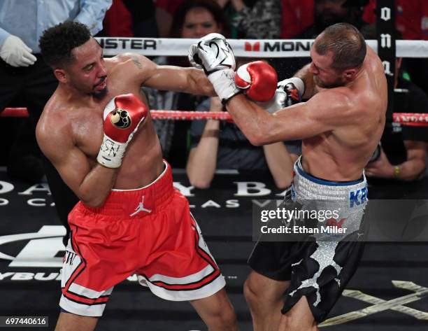 Andre Ward throws a left at Sergey Kovalev in the sixth round of their light heavyweight championship bout at the Mandalay Bay Events Center on June...