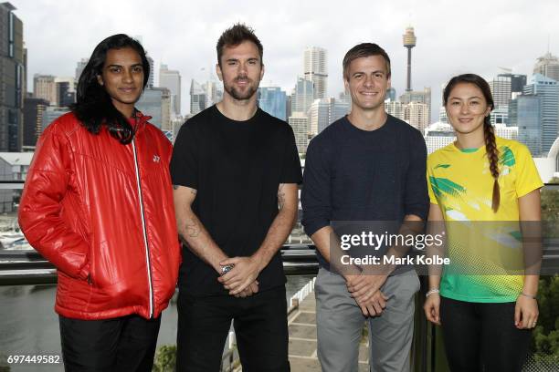 Pusarla Venkata Sindhu of India, Jan Jorgensen of Denmark, Hans-Kristian Vittinghus of Denmark and Gronya Somerville of Australia pose during an...