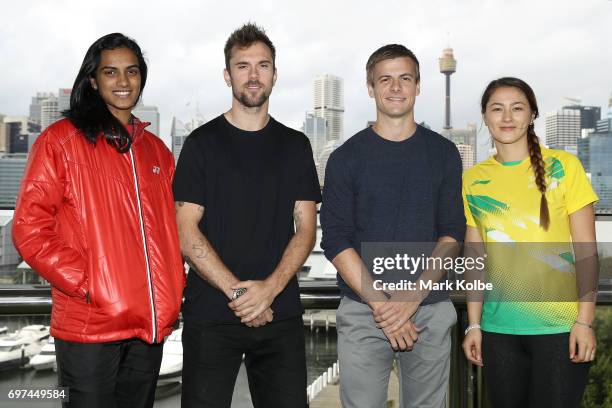 Pusarla Venkata Sindhu of India, Jan Jorgensen of Denmark, Hans-Kristian Vittinghus of Denmark and Gronya Somerville of Australia pose during an...