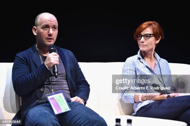 Simon Barrett and Linda Woolverton speak at Coffee Talks during 2017 Los Angeles Film Festival at Kirk Douglas Theatre on June 18, 2017 in Culver...