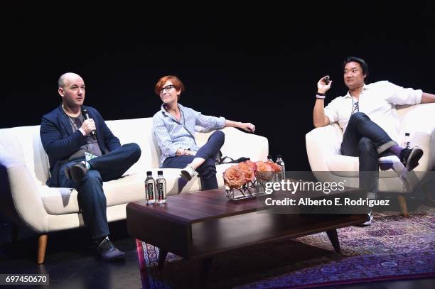 Simon Barrett, Linda Woolverton and Doug Jung speak at Coffee Talks during 2017 Los Angeles Film Festival at Kirk Douglas Theatre on June 18, 2017 in...