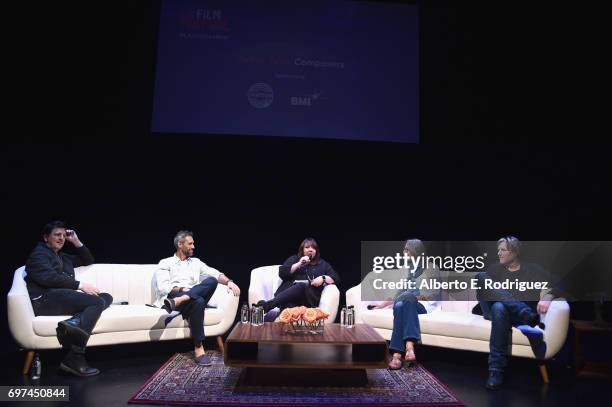 Atticus Ross, Rob Simonsen, Vice President Film, TV & Visual Media Relations at BMI Doreen Ringer Ross, Miriam Cutler and Tyler Bates attend Coffee...