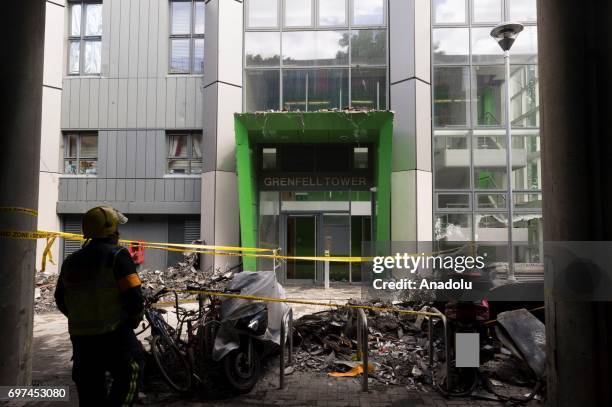 An undated handout photo made available by Britain's London Metropolitan Police Service on 18 June 2017 shows an entrance to the Grenfell Tower, a...