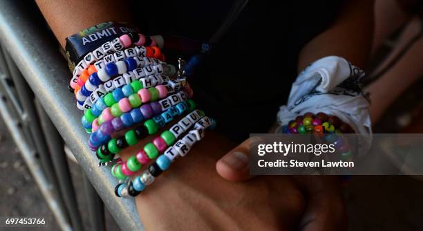 Fan wears kandi bracelets at the 21st annual Electric Daisy Carnival at Las Vegas Motor Speedway on June 18, 2017 in Las Vegas, Nevada.