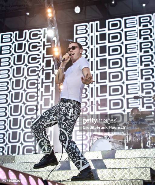 Singer Maurice Ernst of the Austrian band Bilderbuch performs live on stage during the Peace X Peace Festival at the Waldbuehne on June 18, 2017 in...