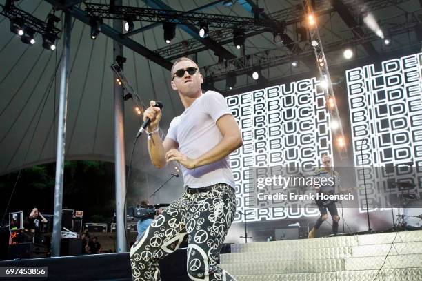 Singer Maurice Ernst of the Austrian band Bilderbuch performs live on stage during the Peace X Peace Festival at the Waldbuehne on June 18, 2017 in...