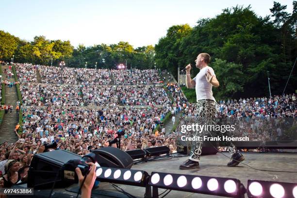 Singer Maurice Ernst of the Austrian band Bilderbuch performs live on stage during the Peace X Peace Festival at the Waldbuehne on June 18, 2017 in...