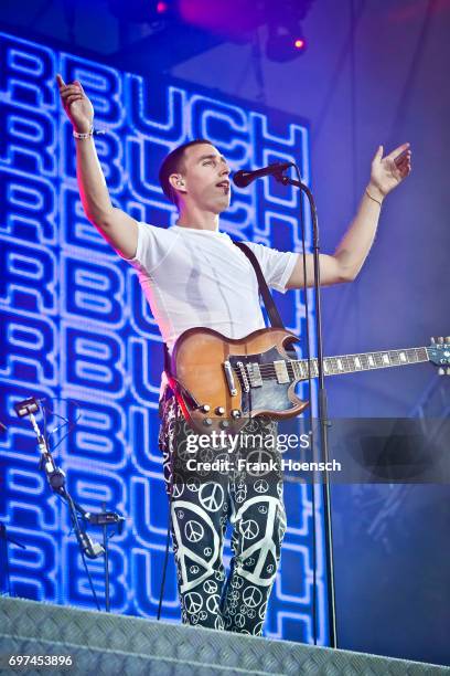 Singer Maurice Ernst of the Austrian band Bilderbuch performs live on stage during the Peace X Peace Festival at the Waldbuehne on June 18, 2017 in...