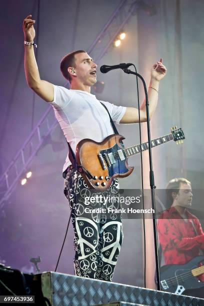 Singer Maurice Ernst of the Austrian band Bilderbuch performs live on stage during the Peace X Peace Festival at the Waldbuehne on June 18, 2017 in...