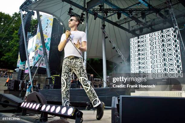 Singer Maurice Ernst of the Austrian band Bilderbuch performs live on stage during the Peace X Peace Festival at the Waldbuehne on June 18, 2017 in...