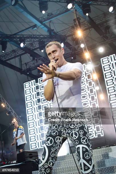 Singer Maurice Ernst of the Austrian band Bilderbuch performs live on stage during the Peace X Peace Festival at the Waldbuehne on June 18, 2017 in...