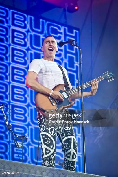 Singer Maurice Ernst of the Austrian band Bilderbuch performs live on stage during the Peace X Peace Festival at the Waldbuehne on June 18, 2017 in...