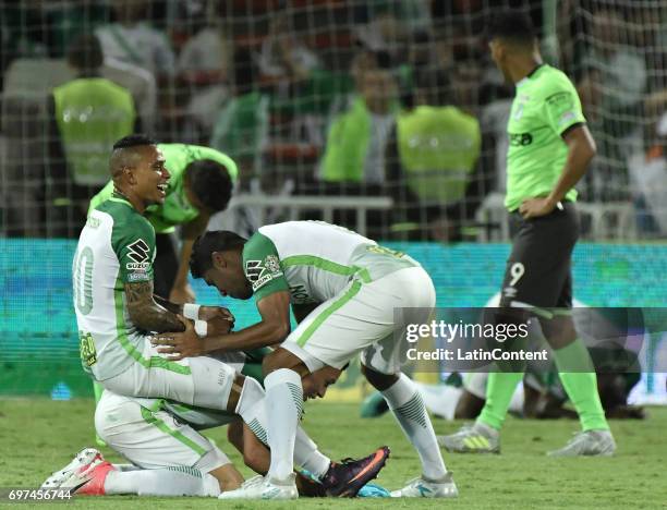 Arley Rodriguez, Luis Carlos Ruiz and Matheus Uribe of Atletico Nacional celebrate as champions of the Liga Aguila I 2017 after winning the Final...