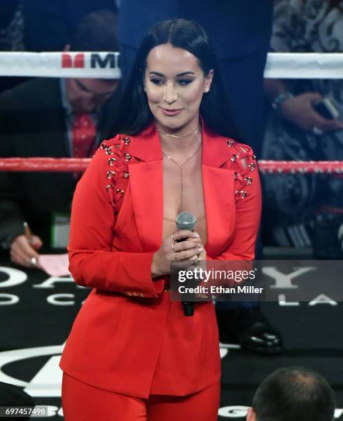 Singer Victoria "La Mala" Ortiz stands in the ring after performing the American national anthem before the light heavyweight championship bout...