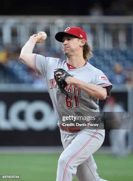 Bronson Arroyo of the Cincinnati Reds pitches during the first inning of a baseball game against the San Diego Padres at PETCO Park on June 12, 2017...