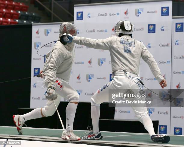 Eli Dershwitz of the USA fences Fares Arfa of Canada during the gold medal match in the Team Men's Sabre event on June 18, 2017 at the Pan-American...