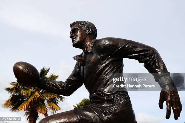 The new statue of former All Blacks player Sir Colin Meads is seen on June 19, 2017 in Te Kuiti, New Zealand. The 1.5 x life size bronze sculpture...