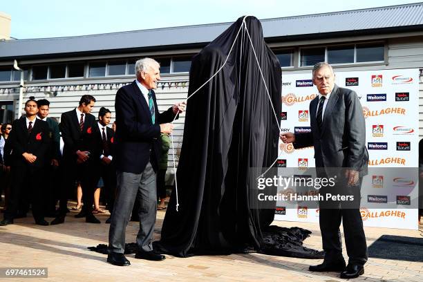 Former All Blacks players Stan Meads and Sir Colin Meads unveil a new statue on June 19, 2017 in Te Kuiti, New Zealand. The 1.5 x life size bronze...