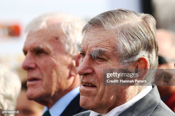 Former All Blacks players Stan Meads and Sir Colin Meads are seen at the unveiling of a new statue of Sir Colin Meads on June 19, 2017 in Te Kuiti,...